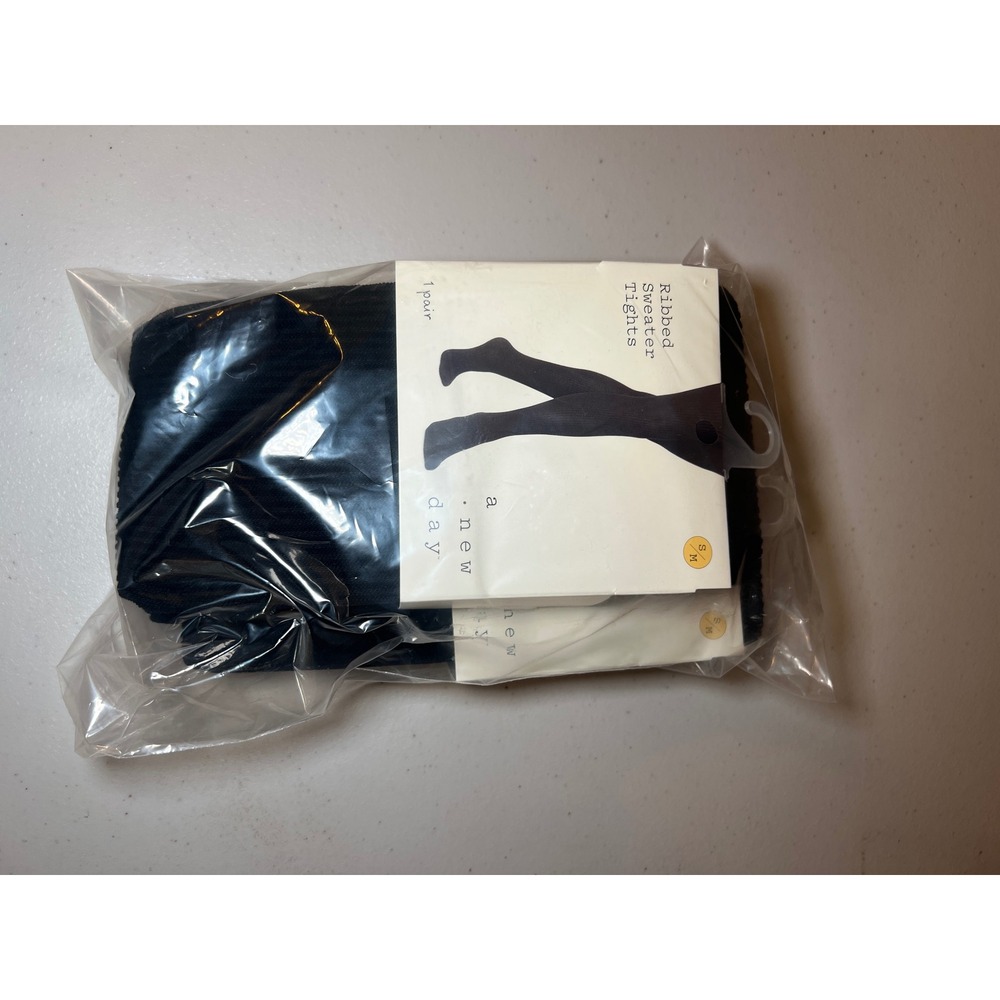 A New Day Ribbed Sweater Tights Black 2 Pairs Set S/M Opaque Textured Rayon